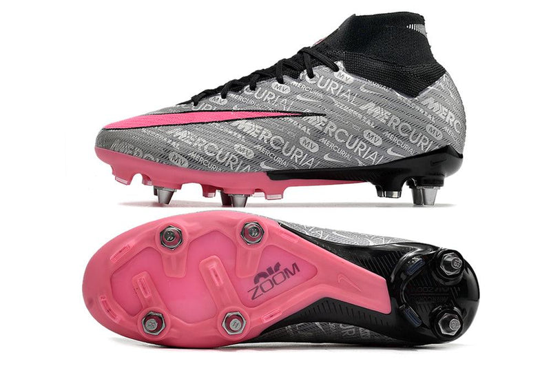 Chuteira Trava Mista Nike Air Zoom Mercurial Superfly 9 Elite Trava Mista Prata e Rosa "Anniversary 25 Years Pack"