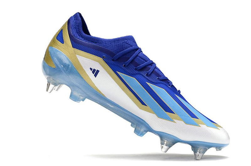 Chuteira Adidas X Crazyfast Messi.1 Ponta de Aluminio Azul, Branco e Dourado "Spark Gen10s"