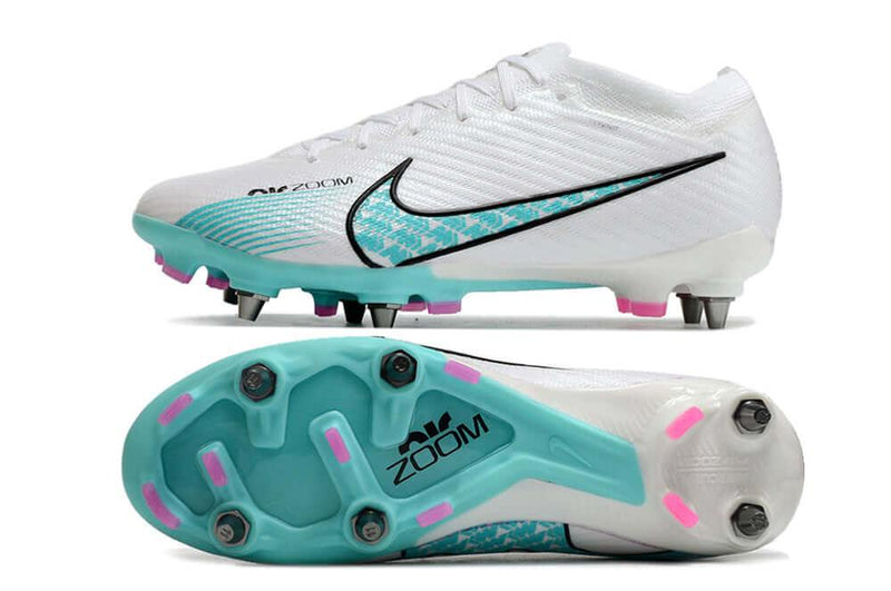 Chuteira Trava Mista Nike Air Zoom Mercurial Vapor 15 Elite Trava Mista Branca, Azul e Rosa