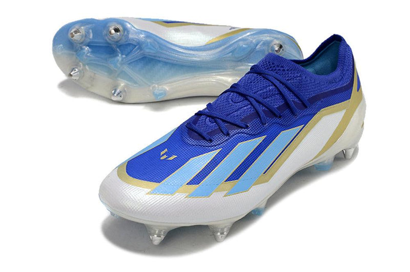 Chuteira Adidas X Crazyfast Messi.1 Ponta de Aluminio Azul, Branco e Dourado "Spark Gen10s"