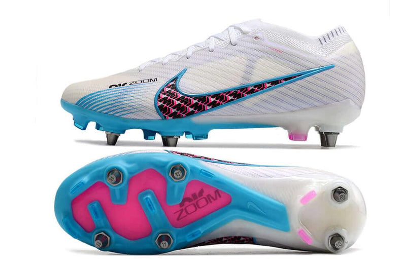 Chuteira Trava Mista Nike Air Zoom Mercurial Vapor 15 Elite Trava Mista Branca, Azul e Rosa "Blast Pack"