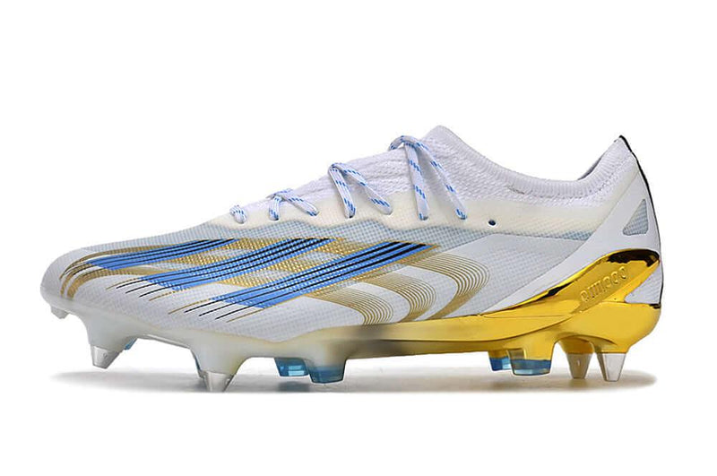 Chuteira Trava Mista Adidas X CrazyFast Messi.1 Ponta de Aluminio Branca, Azul e Dourada "Las Estrellas"