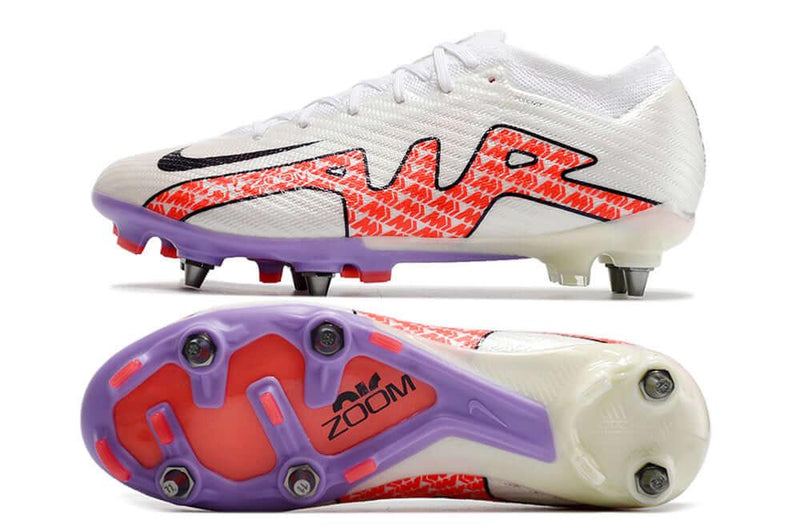 Chuteira Trava Mista  Nike Air Zoom Mercurial Vapor 15 Elite Trava Mista Branca e Roxa "Disruption Pack"