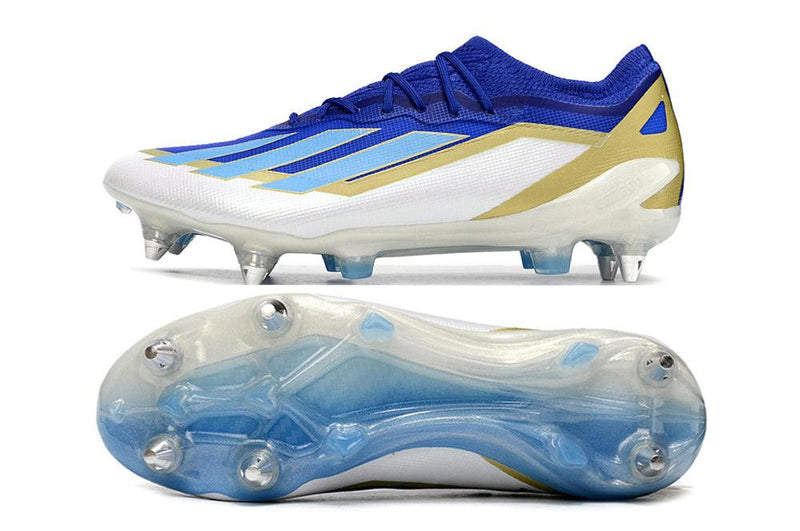 Chuteira Adidas X Crazyfast Messi.1 Ponta de Aluminio Azul, Branco e Dourado "Spark Gen10s"