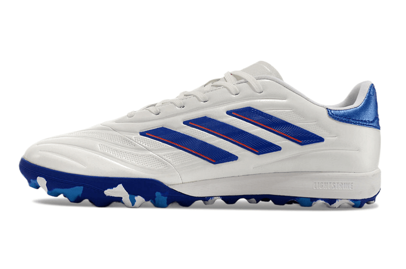 Chuteira Society Adidas Copa Pure.1 TF Branca, Azul e Vermelha "Advancement Pack"