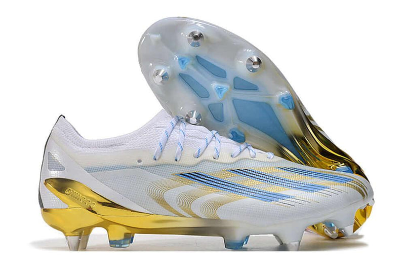 Chuteira Trava Mista Adidas X CrazyFast Messi.1 Ponta de Aluminio Branca, Azul e Dourada "Las Estrellas"