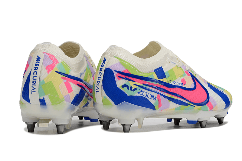 Chuteira Trava Mista Nike Air Zoom Mercurial Vapor 15 Elite Trava Mista Branco, Azul e Rosa