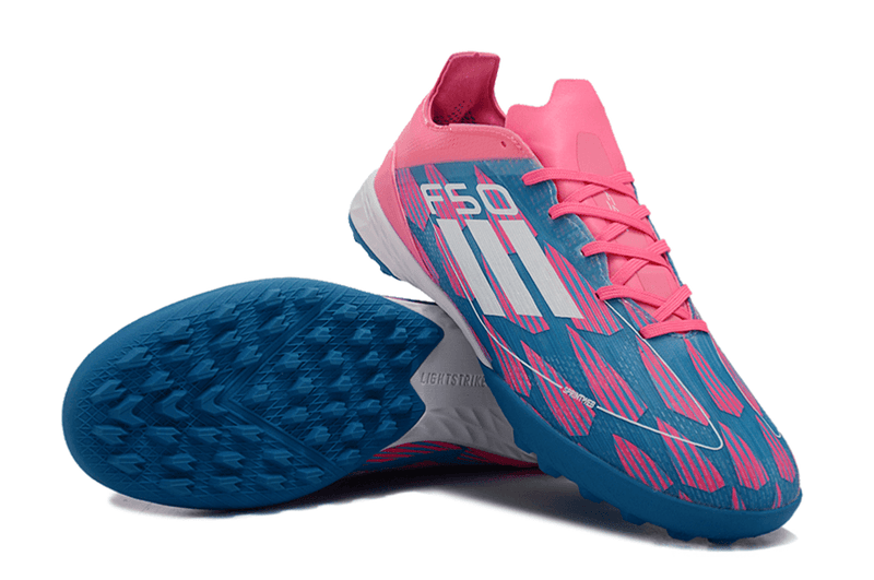 Chuteira Society Adidas F50 TF Azul e Rosa "Re-Emergence Pack"