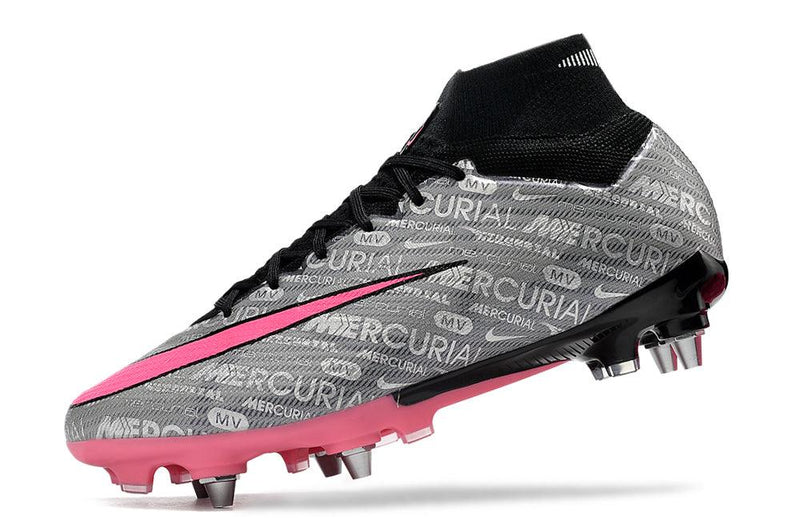 Chuteira Trava Mista Nike Air Zoom Mercurial Superfly 9 Elite Trava Mista Prata e Rosa "Anniversary 25 Years Pack"