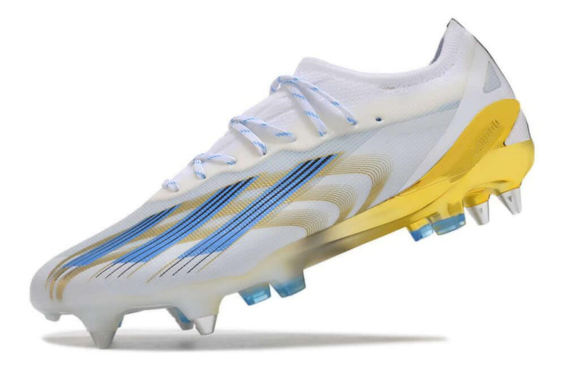 Chuteira Trava Mista Adidas X CrazyFast Messi.1 Ponta de Aluminio Branca, Azul e Dourada "Las Estrellas"