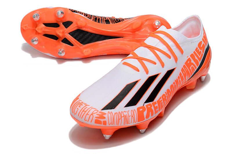 Chuteira Trava Mista Adidas X Speedportal Messi.1 Ponta de Aluminio Branca e Laranja "Balon te Adoro Pack"