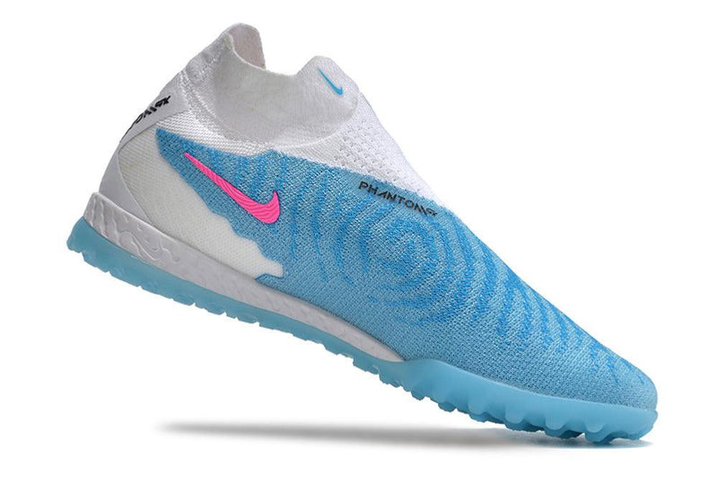 Chuteira Society Nike Phantom GX DF Elite TF Branca e Azul "Blast Pack"