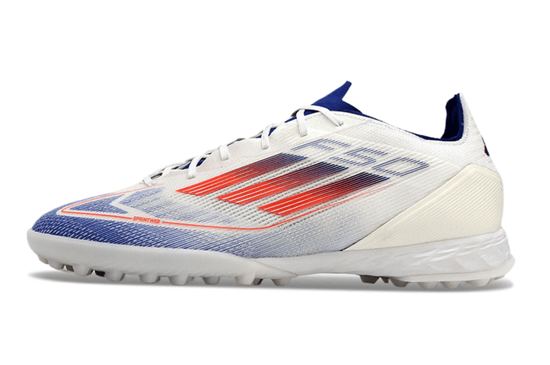 Chuteira Society Adidas F50 TF Branca, Azul e Vermelha "Advancement Pack"