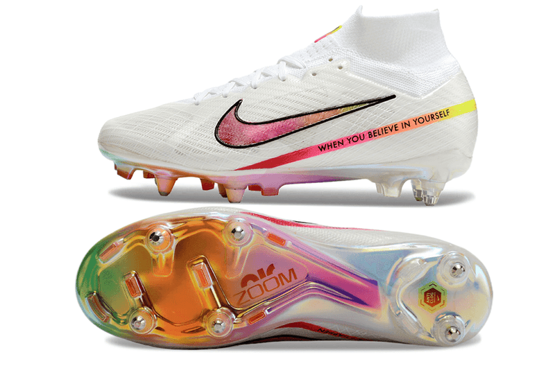 Chuteira Nike Air Zoom Mercurial Superfly 9 Elite Ponta de Aluminio Branca e Rosa "Rashford"