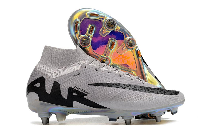 Chuteira Trava Mista Nike Air Zoom Mercurial Superfly 9 Elite Trava Mista Prata e Preto "Rising Gem Pack"