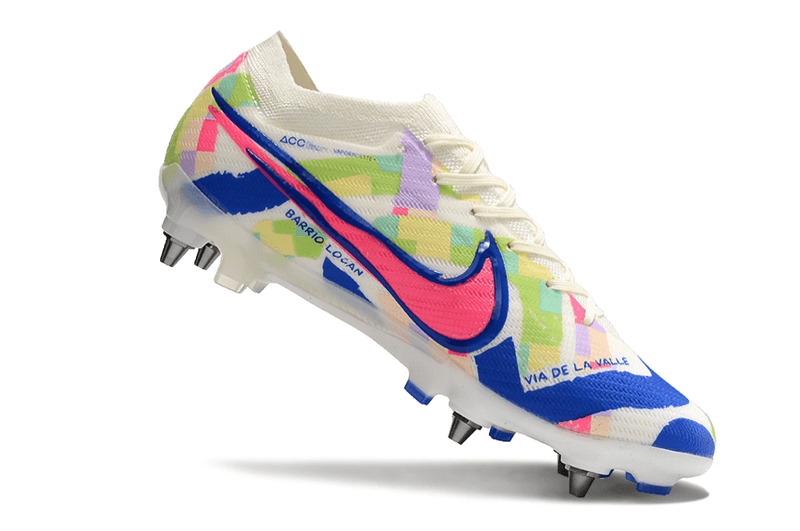 Chuteira Trava Mista Nike Air Zoom Mercurial Vapor 15 Elite Trava Mista Branco, Azul e Rosa