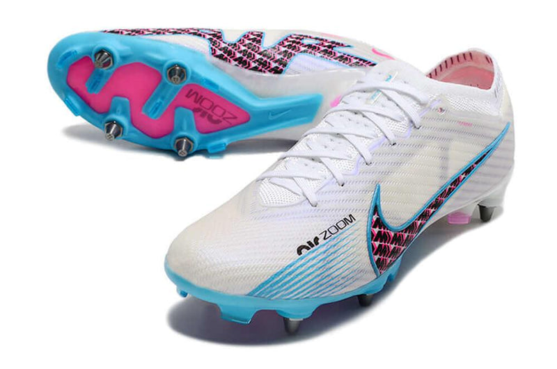 Chuteira Trava Mista Nike Air Zoom Mercurial Vapor 15 Elite Trava Mista Branca, Azul e Rosa "Blast Pack"