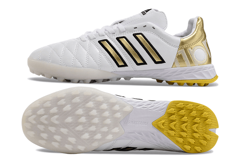 Chuteira Society Adidas AdiPure 11 Pro TF Branca e Dourada "Toni Kroos"