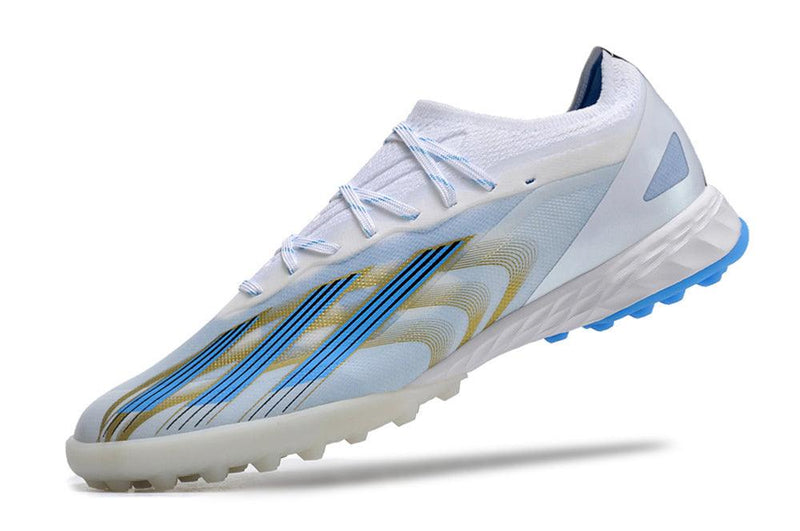 Chuteira Society Adidas X CrazyFast.1 TF Branca, Azul e Dourada "Las Estrellas"