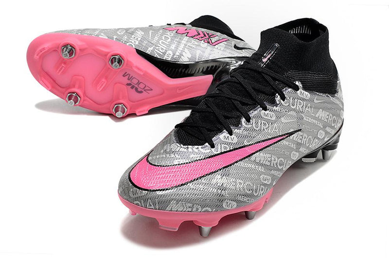 Chuteira Trava Mista Nike Air Zoom Mercurial Superfly 9 Elite Trava Mista Prata e Rosa "Anniversary 25 Years Pack"