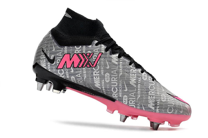 Chuteira Trava Mista Nike Air Zoom Mercurial Superfly 9 Elite Trava Mista Prata e Rosa "Anniversary 25 Years Pack"