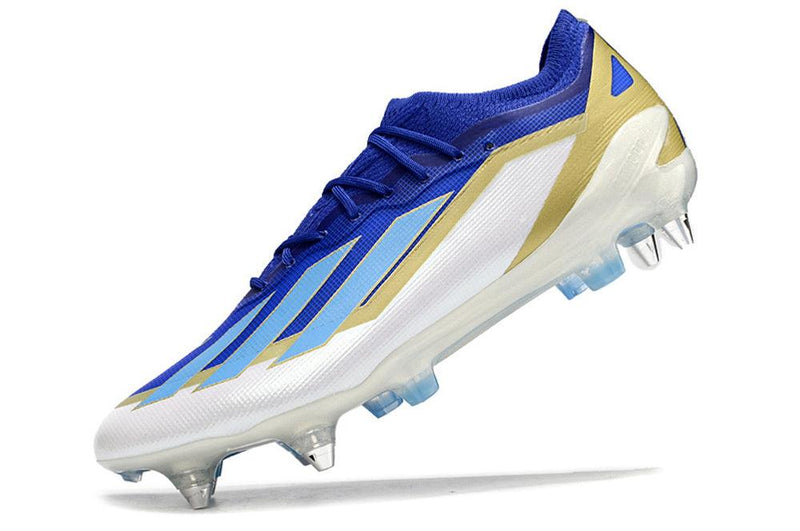 Chuteira Adidas X Crazyfast Messi.1 Ponta de Aluminio Azul, Branco e Dourado "Spark Gen10s"
