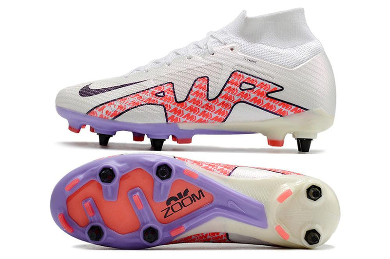 Chuteira Trava Mista Nike Air Zoom Mercurial Superfly 9 Elite Trava Mista Branca e Roxa "Disruption Pack"