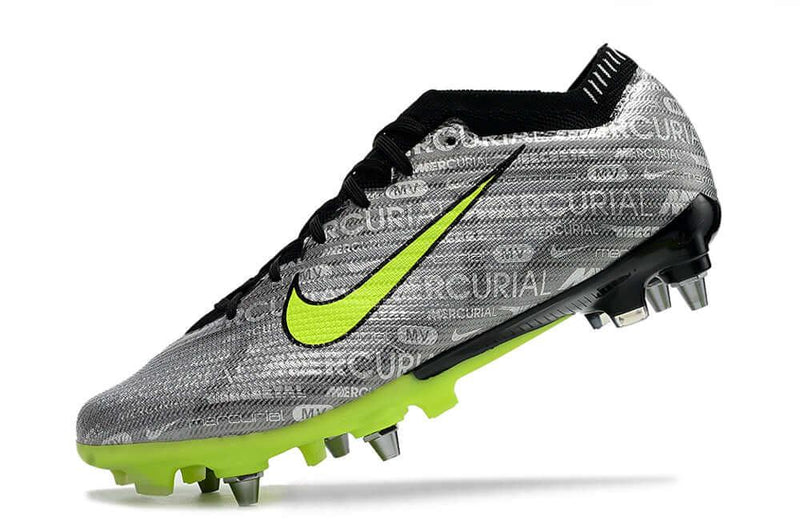 Chuteira Trava Mista Nike Air Zoom Mercurial Vapor 15 Elite Trava Mista Prata e Verde "Anniversary 25 Years Pack