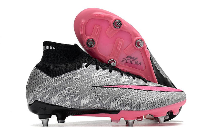 Chuteira Trava Mista Nike Air Zoom Mercurial Superfly 9 Elite Trava Mista Prata e Rosa "Anniversary 25 Years Pack"