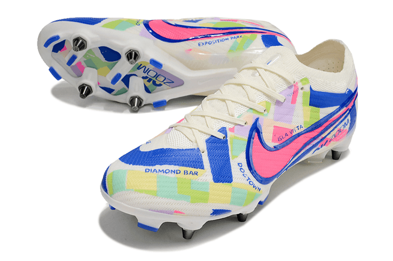 Chuteira Trava Mista Nike Air Zoom Mercurial Vapor 15 Elite Trava Mista Branco, Azul e Rosa