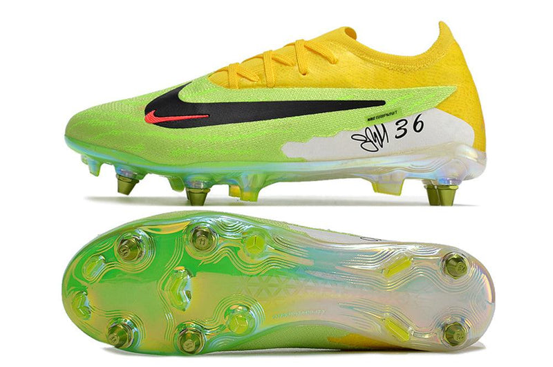 Chuteira Trava Mista Nike Phantom GX Elite Trava Mista Amarela e Verde "Haaland"