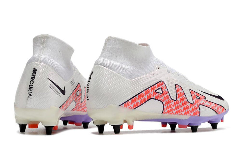 Chuteira Trava Mista Nike Air Zoom Mercurial Superfly 9 Elite Trava Mista Branca e Roxa "Disruption Pack"