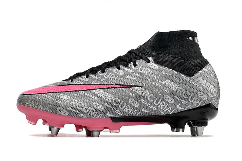 Chuteira Trava Mista Nike Air Zoom Mercurial Superfly 9 Elite Trava Mista Prata e Rosa "Anniversary 25 Years Pack"