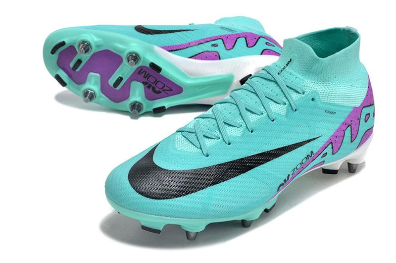 Chuteira Trava Mista Nike Air Zoom Mercurial Superfly 9 Elite Trava Mista Azul e Roxo "Peak Ready Pack"