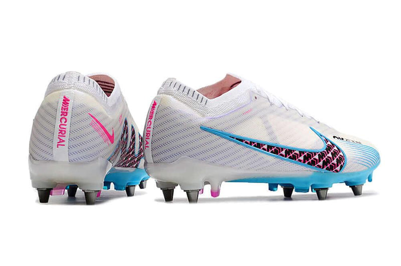 Chuteira Trava Mista Nike Air Zoom Mercurial Vapor 15 Elite Trava Mista Branca, Azul e Rosa "Blast Pack"