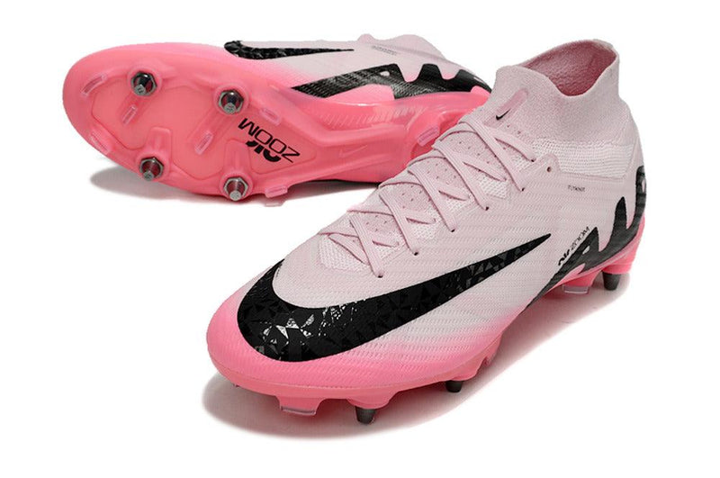 Chuteira Trava Mista Nike Air Zoom Mercurial Superfly 9 Elite Trava Mista Rosa e Preta "Mad Brilliance Pack"