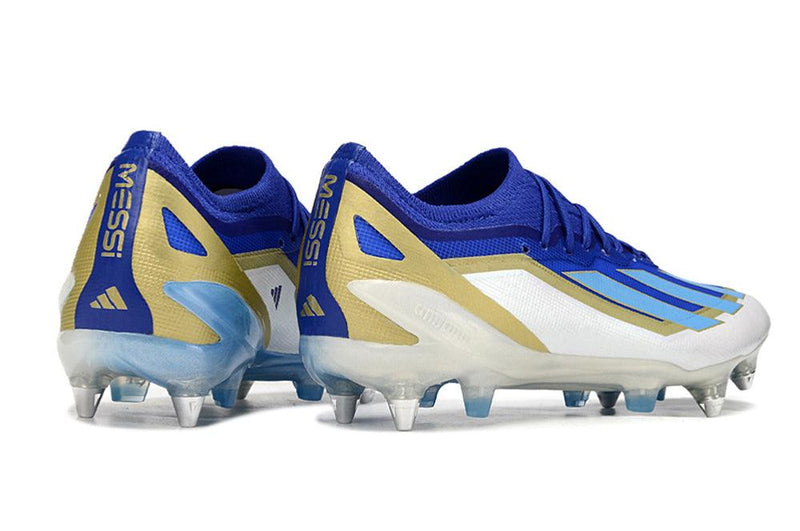 Chuteira Adidas X Crazyfast Messi.1 Ponta de Aluminio Azul, Branco e Dourado "Spark Gen10s"