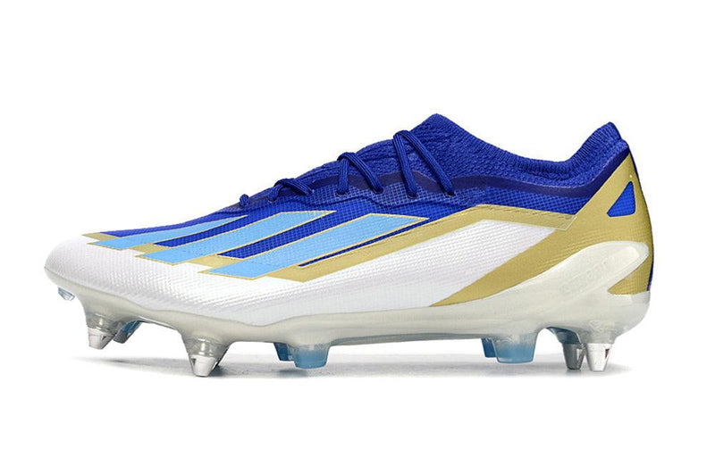 Chuteira Adidas X Crazyfast Messi.1 Ponta de Aluminio Azul, Branco e Dourado "Spark Gen10s"