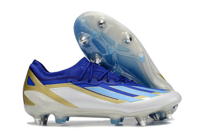 Chuteira Adidas X Crazyfast Messi.1 Ponta de Aluminio Azul, Branco e Dourado "Spark Gen10s"