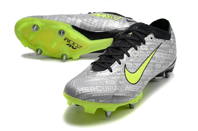 Chuteira Trava Mista Nike Air Zoom Mercurial Vapor 15 Elite Trava Mista Prata e Verde "Anniversary 25 Years Pack