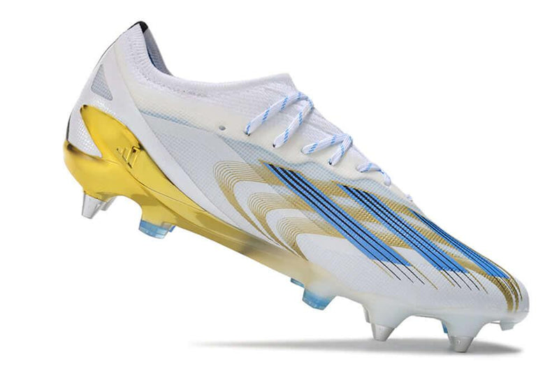 Chuteira Trava Mista Adidas X CrazyFast Messi.1 Ponta de Aluminio Branca, Azul e Dourada "Las Estrellas"