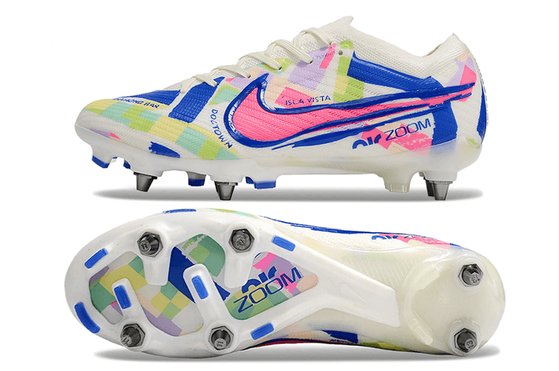 Chuteira Trava Mista Nike Air Zoom Mercurial Vapor 15 Elite Trava Mista Branco, Azul e Rosa