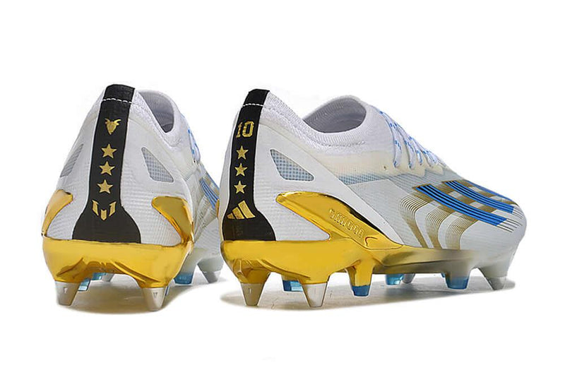 Chuteira Trava Mista Adidas X CrazyFast Messi.1 Ponta de Aluminio Branca, Azul e Dourada "Las Estrellas"