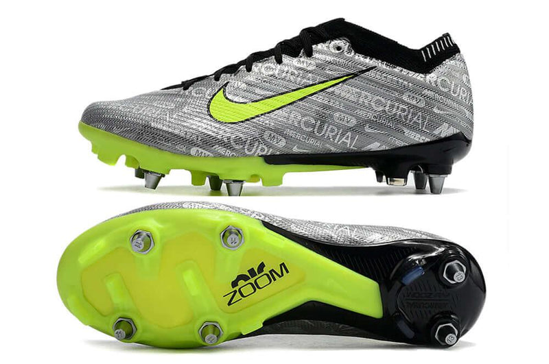 Chuteira Trava Mista Nike Air Zoom Mercurial Vapor 15 Elite Trava Mista Prata e Verde "Anniversary 25 Years Pack