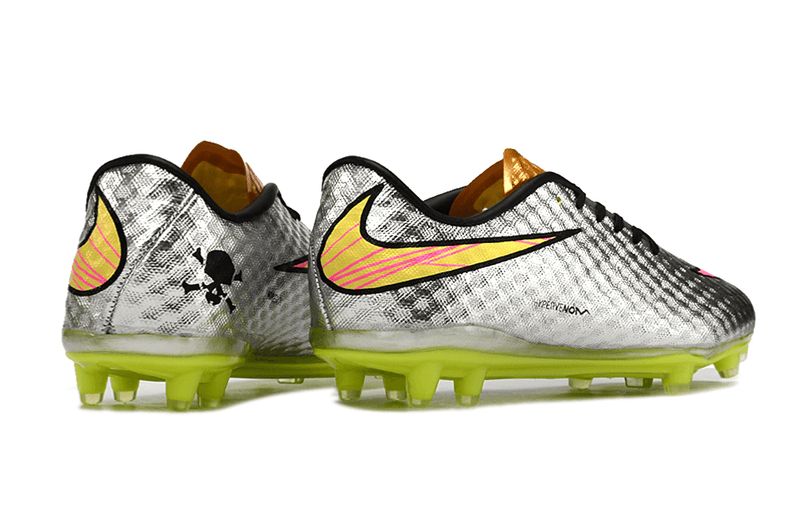 Chuteira Campo Nike Retrô Hypervenom Phantom I FG Prata, Verde e Dourada