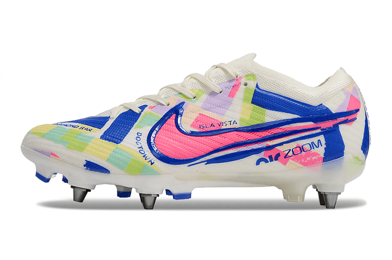 Chuteira Trava Mista Nike Air Zoom Mercurial Vapor 15 Elite Trava Mista Branco, Azul e Rosa