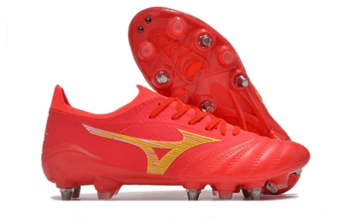 Chuteira Trava Mista Mizuno Morelia Neo 4 Trava Mista Vermelha e Amarelo "Release Pack"